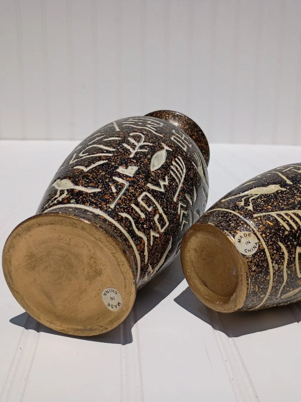 Vintage Pair Chinese Ceramic Hieroglyphic Vases Brown Speckled Boho Decor MCM